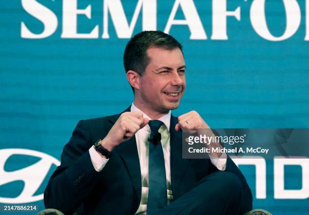 Secretary of Transportation Pete Buttigieg, speaks during a chat at The Semafor 2024 World Economy Summit on April 17, 2024 in Washington, DC. At...