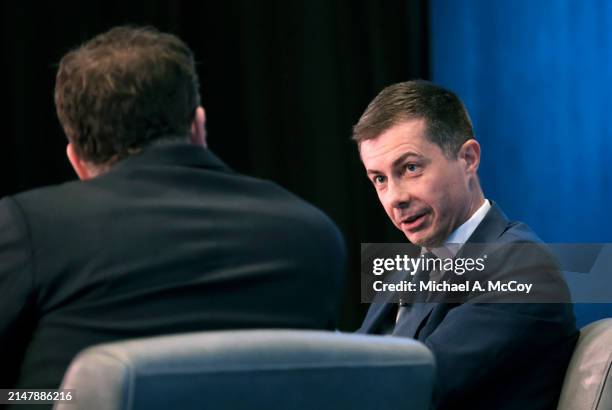 Secretary of Transportation Pete Buttigieg, and Ben Smith, Co-Founder and Editor-In-Chief of Semafor, speak during a chat at The Semafor 2024 World...