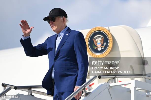 President Joe Biden boards Air Force One at Pittsburgh International Airport in Pittsburgh, Pennsylvania, on April 17 as he returns to the White...
