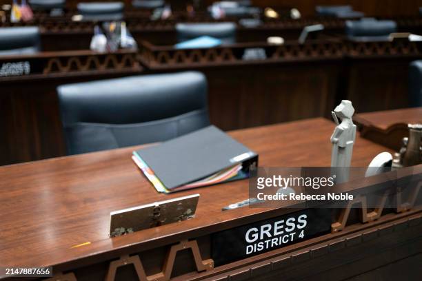 Arizona State Rep. Matt Grass' desk during a legislative session at the Arizona House of Representatives on April 17, 2024 in Phoenix, Arizona....