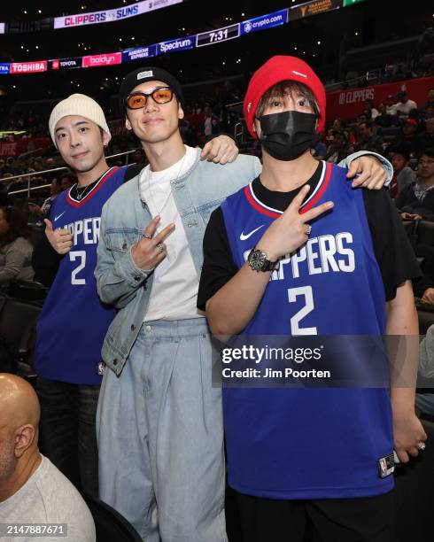 Keung To, Edan Lui, Stanley Yau of Hong Kong group MIRROR poses for a photo during the game on April 10, 2024 at Crypto.Com Arena in Los Angeles,...