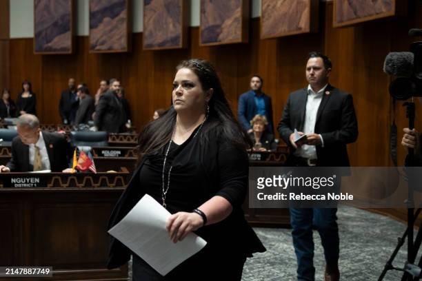 Arizona State Reps. Jacqueline Parker and Austin Smith during a legislative session at the Arizona House of Representatives on April 17, 2024 in...