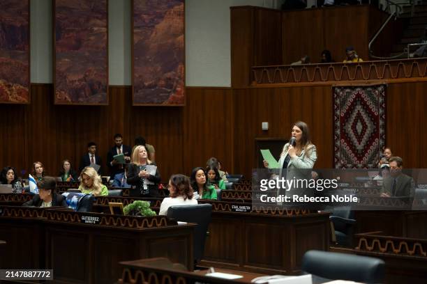 Arizona State Rep. Stephanie Stahl Hamilton speaks during a legislative session at the Arizona House of Representatives on April 17, 2024 in Phoenix,...
