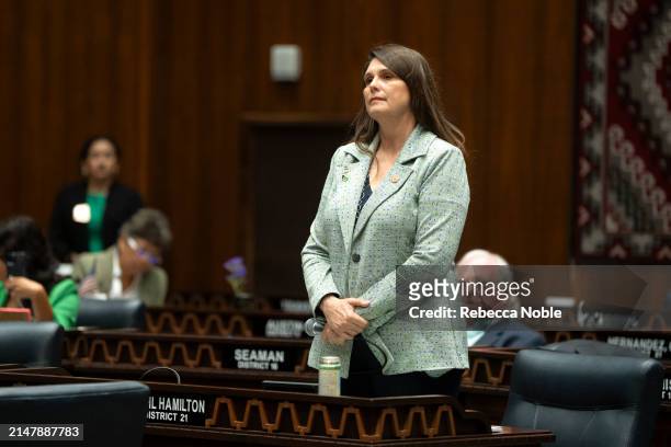 Arizona State Rep. Stephanie Stahl Hamilton listens during a legislative session at the Arizona House of Representatives on April 17, 2024 in...