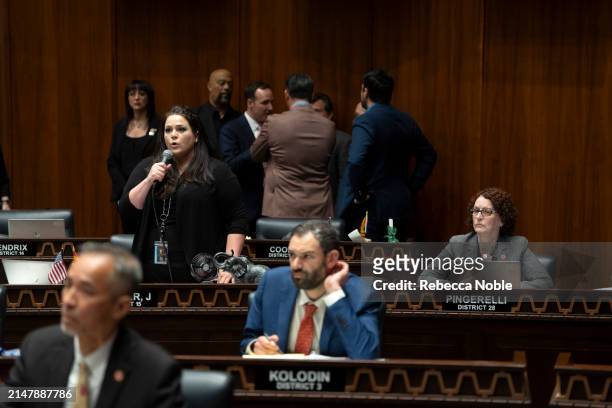 Arizona State Rep. Jacqueline Parker speaks during a legislative session at the Arizona House of Representatives on April 17, 2024 in Phoenix,...