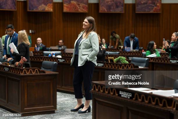 Arizona State Rep. Stephanie Stahl Hamilton smiles during a legislative session at the Arizona House of Representatives on April 17, 2024 in Phoenix,...