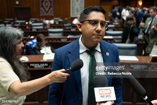 Arizona State Rep. And Assistant Minority Leader Oscar De Los Santos speaks to media during a legislative session at the Arizona House of...