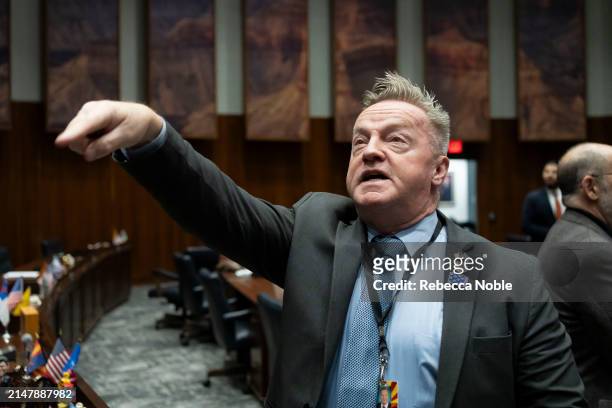 Arizona State Sen. Anthony Kern gestures during a legislative session at the Arizona House of Representatives on April 17, 2024 in Phoenix, Arizona....