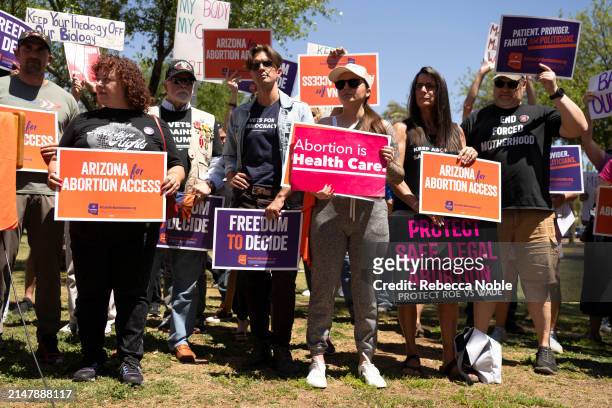 Members of Arizona for Abortion Access, the ballot initiative to enshrine abortion rights in the Arizona State Constitution, hold a press conference...