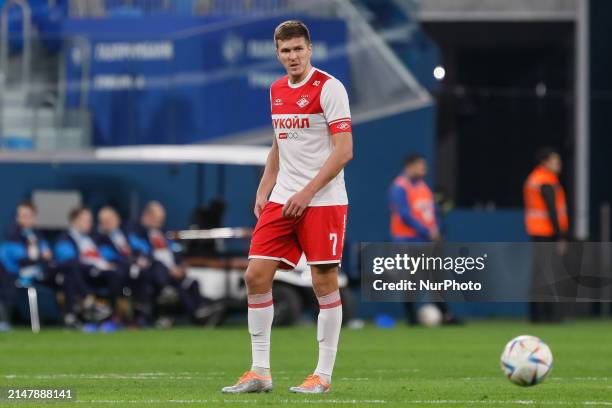 Aleksandr Sobolev of Spartak Moscow looks on during the Russian Cup match between FC Zenit Saint Petersburg and FC Spartak Moscow on April 17, 2024...