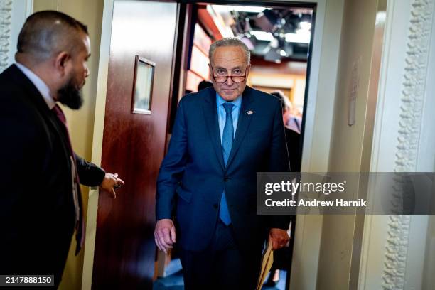 Senate Majority Leader Chuck Schumer leaves a news conference after impeachment proceedings against Secretary of Homeland Security Alejandro Mayorkas...