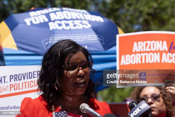 Chris Love of Arizona for Abortion Access, the ballot initiative to enshrine abortion rights in the Arizona State Constitution, holds a press...