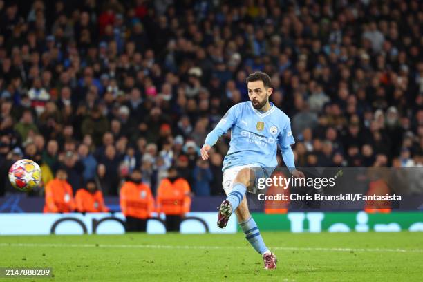 Bernardo Silva of Manchester City misses a penalty in a shootout during the UEFA Champions League quarter-final second leg match between Manchester...