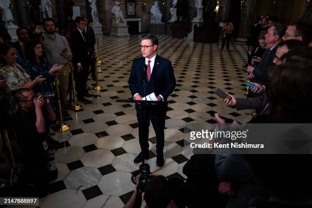 Speaker of the House Mike Johnson speaks during a news conference in National Statuary Hall at the U.S. Capitol on April 17, 2024 in Washington, DC....