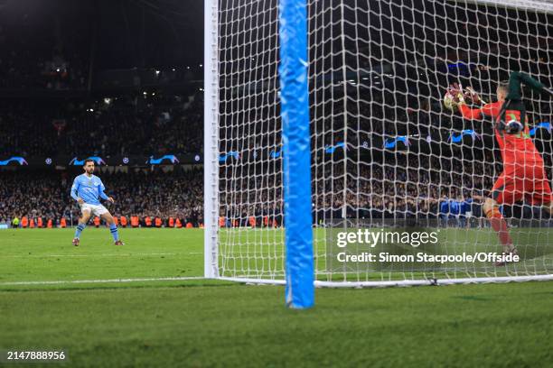 Bernardo Silva of Manchester City has his penalty saved in the shoot-out during the UEFA Champions League quarter-final second leg match between...