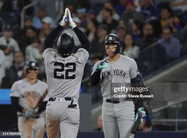 New York Yankees outfielder Juan Soto celebrates an eighth inning home run as the Toronto Blue Jays play the New York Yankees at Rogers Centre in...