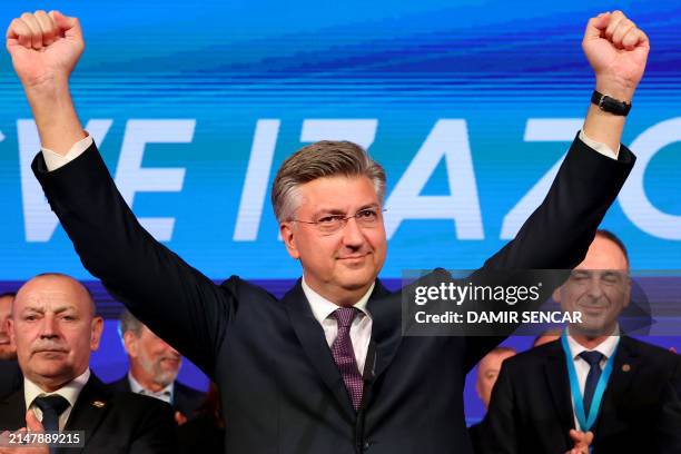 Incumbent Croatian Prime Minister Andrej Plenkovic gestures at the Croatian Democratic Union party headquarters in Zagreb, Croatia, on April 17,...