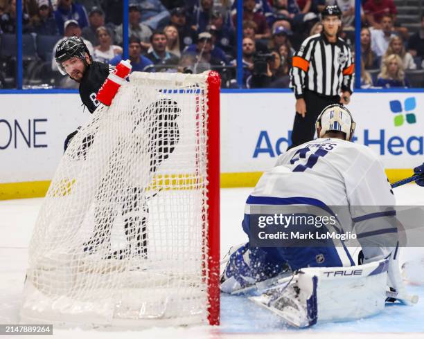 Nikita Kucherov of the Tampa Bay Lightning scores against goalie Martin Jones of the Toronto Maple Leafs during the first period at Amalie Arena on...