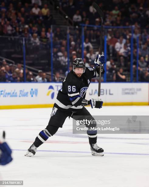 Nikita Kucherov of the Tampa Bay Lightning against the Toronto Maple Leafs during the first period at Amalie Arena on April 17, 2024 in Tampa,...