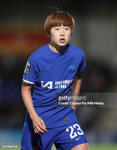 Maika Hamano of Chelsea Women during the Barclays Women¥s Super League match between Chelsea FC and Aston Villa at Kingsmeadow on April 17, 2024 in...
