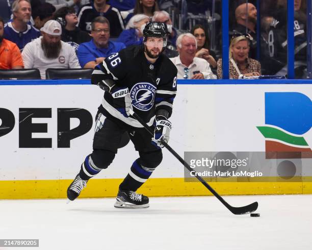 Nikita Kucherov of the Tampa Bay Lightning against the Toronto Maple Leafs during the second period at Amalie Arena on April 17, 2024 in Tampa,...