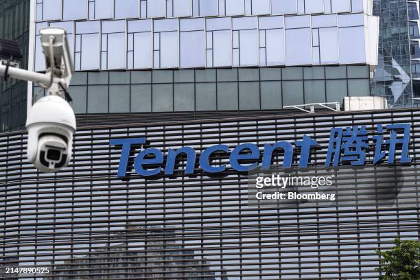 Signage for Tencent Holdings Ltd. At the company's headquarters building in Shenzhen, China, on Wednesday, April 17, 2024. Tencent plans to more than...