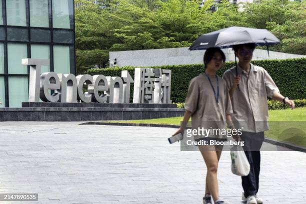 Signage for Tencent Holdings Ltd. Outside the company's headquarters building in Shenzhen, China, on Wednesday, April 17, 2024. Tencent plans to more...