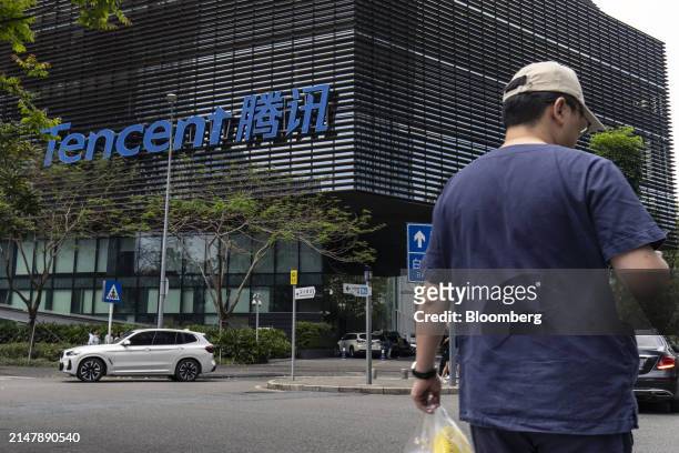 Signage for Tencent Holdings Ltd. At the company's headquarters building in Shenzhen, China, on Wednesday, April 17, 2024. Tencent plans to more than...