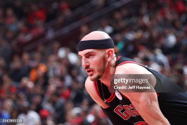 Alex Caruso of the Chicago Bulls looks on during the game against the Atlanta Hawks during the 2024 Play-In Tournament on April 17, 2024 at United...