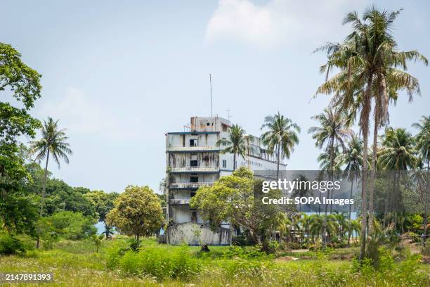 General view, at the entrance of The Galaxy abandoned ship hotel, on Koh Chang Island. The "Galaxy Hotel" is a seven-story cruise ship that was...