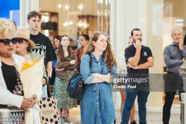 Members of the public return to Westfield Bondi Junction on a day of reflection on April 18, 2024 in Bondi Junction, Australia. The Westfield Bondi...