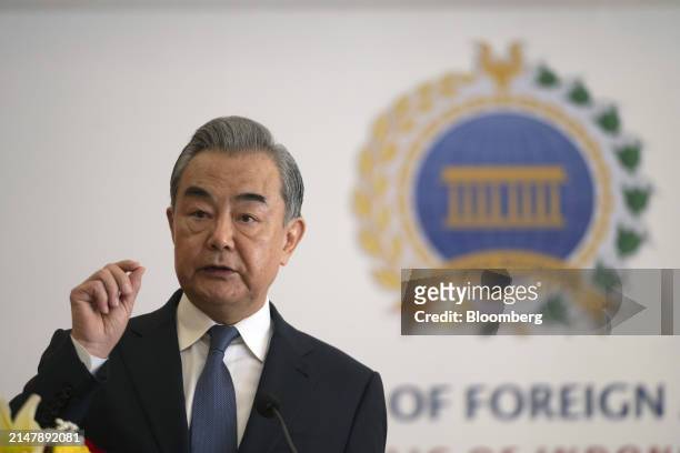 Wang Yi, China's foreign minister, speaks during a news conference with Retno Marsudi, Indonesia's foreign affairs minister, not photographed, in...