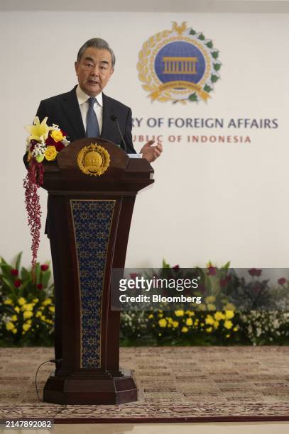 Wang Yi, China's foreign minister, speaks during a news conference with Retno Marsudi, Indonesia's foreign affairs minister, not photographed, in...