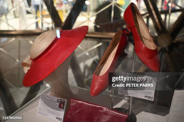 Photo taken on April 17, 2024 shows shoes and accessories once worn by Princess Diana at a media preview ahead of the auction by Julian's Auctions...