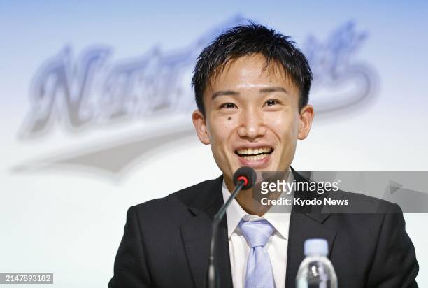 Former badminton world champion Kento Momota speaks during a press conference on his retirement from playing for the Japanese national team on April...