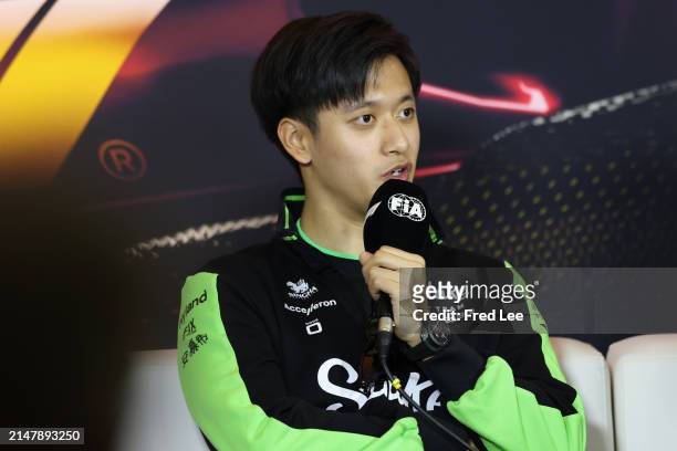Zhou Guanyu of China and Stake F1 Team Kick Sauber talks in the Drivers Press Conference ahead of the F1 Grand Prix of China at Shanghai...