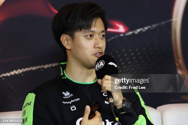 Zhou Guanyu of China and Stake F1 Team Kick Sauber talks in the Drivers Press Conference ahead of the F1 Grand Prix of China at Shanghai...