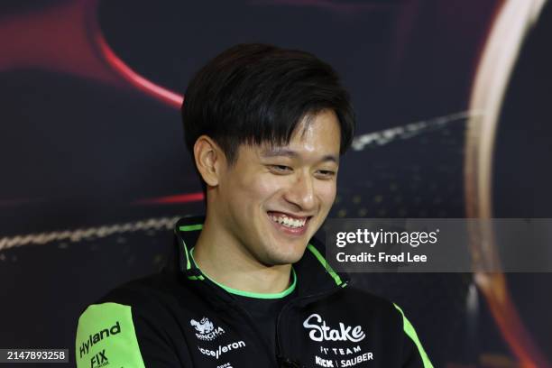 Zhou Guanyu of China and Stake F1 Team Kick Sauber talks in the Drivers Press Conference ahead of the F1 Grand Prix of China at Shanghai...