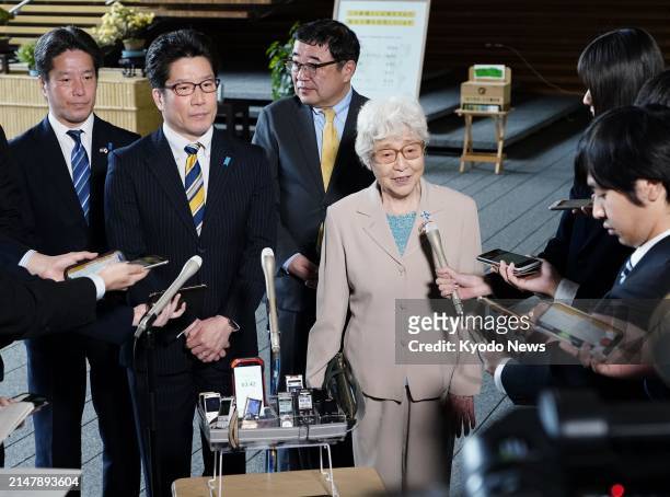 Sakie Yokota , whose daughter Megumi was abducted by North Korea at age 13 in 1977, speaks to reporters following a meeting with U.S. Ambassador to...