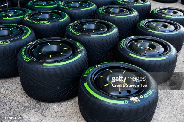 Pirelli Cinturato Green tyres during previews ahead of the F1 Grand Prix of China at Shanghai International Circuit on April 18, 2024 in Shanghai,...