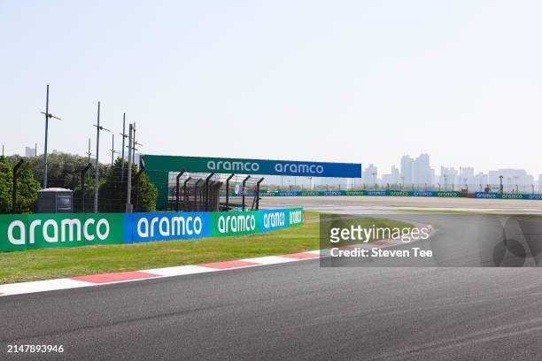 Circuit detail and Aramco trackside branding during previews ahead of the F1 Grand Prix of China at Shanghai International Circuit on April 18, 2024...