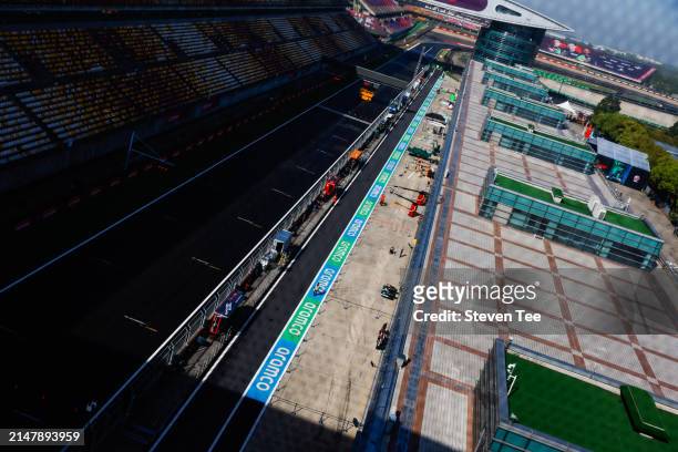 Pit lane detail and Aramco trackside branding during previews ahead of the F1 Grand Prix of China at Shanghai International Circuit on April 18, 2024...