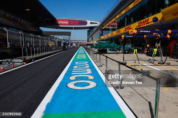 Pit Lane detail and Aramco trackside branding during previews ahead of the F1 Grand Prix of China at Shanghai International Circuit on April 18, 2024...
