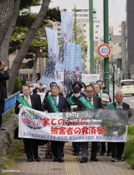 Unrecognized sufferers of the Minamata mercury-poisoning disease march to the Niigata District Court in Niigata, northwest of Tokyo, on April 18,...