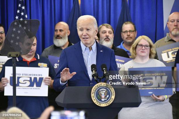 President Joe Biden makes a speech at United Steelworkers headquarters in Pittsburgh, Pennsylvania, on April 17, 2024.