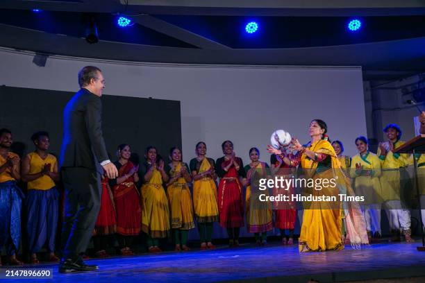 Kenneth Felix Haczynski da Nobrega, Ambassador of Brazil to India with Bharatanatyam performer and producer of the show, Jayalakshmi Eshwar during an...