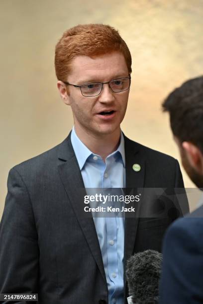 Scottish Green Party MSP Ross Greer is interviewed in the lobby of the Scottish Parliament, on April 18, 2024 in Edinburgh, Scotland.