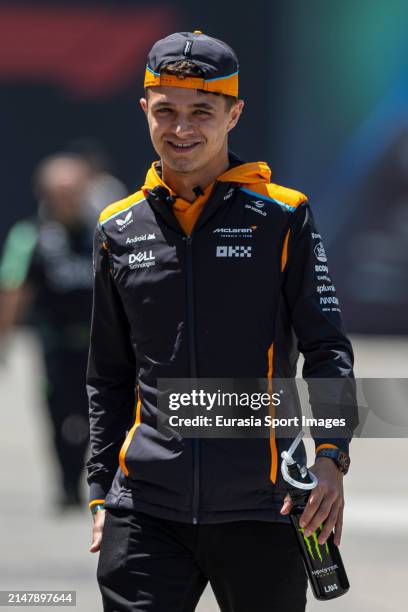 Lando Norris of Great Britain and McLaren reacts during previews ahead of the F1 Grand Prix of China at Shanghai International Circuit on April 18,...