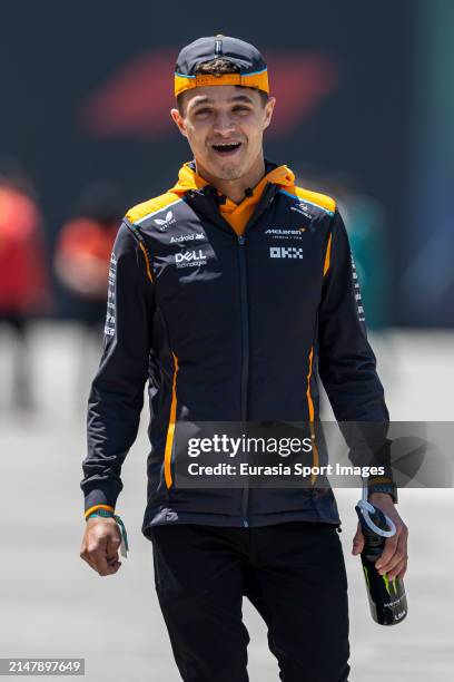 Lando Norris of Great Britain and McLaren reacts during previews ahead of the F1 Grand Prix of China at Shanghai International Circuit on April 18,...