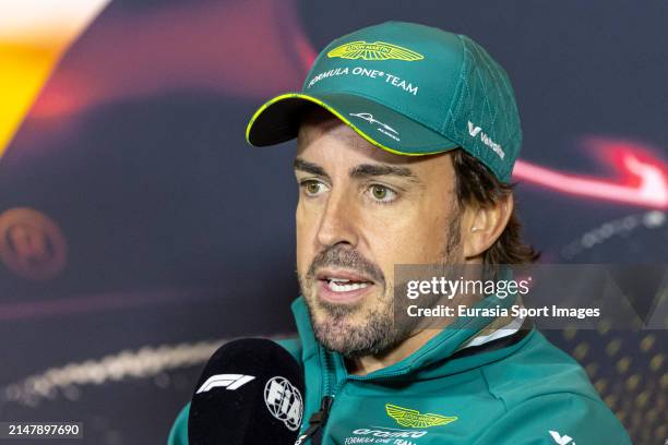 Fernando Alonso of Spain and Aston Martin F1 team attends the Drivers Press Conference during previews ahead of the F1 Grand Prix of China at...